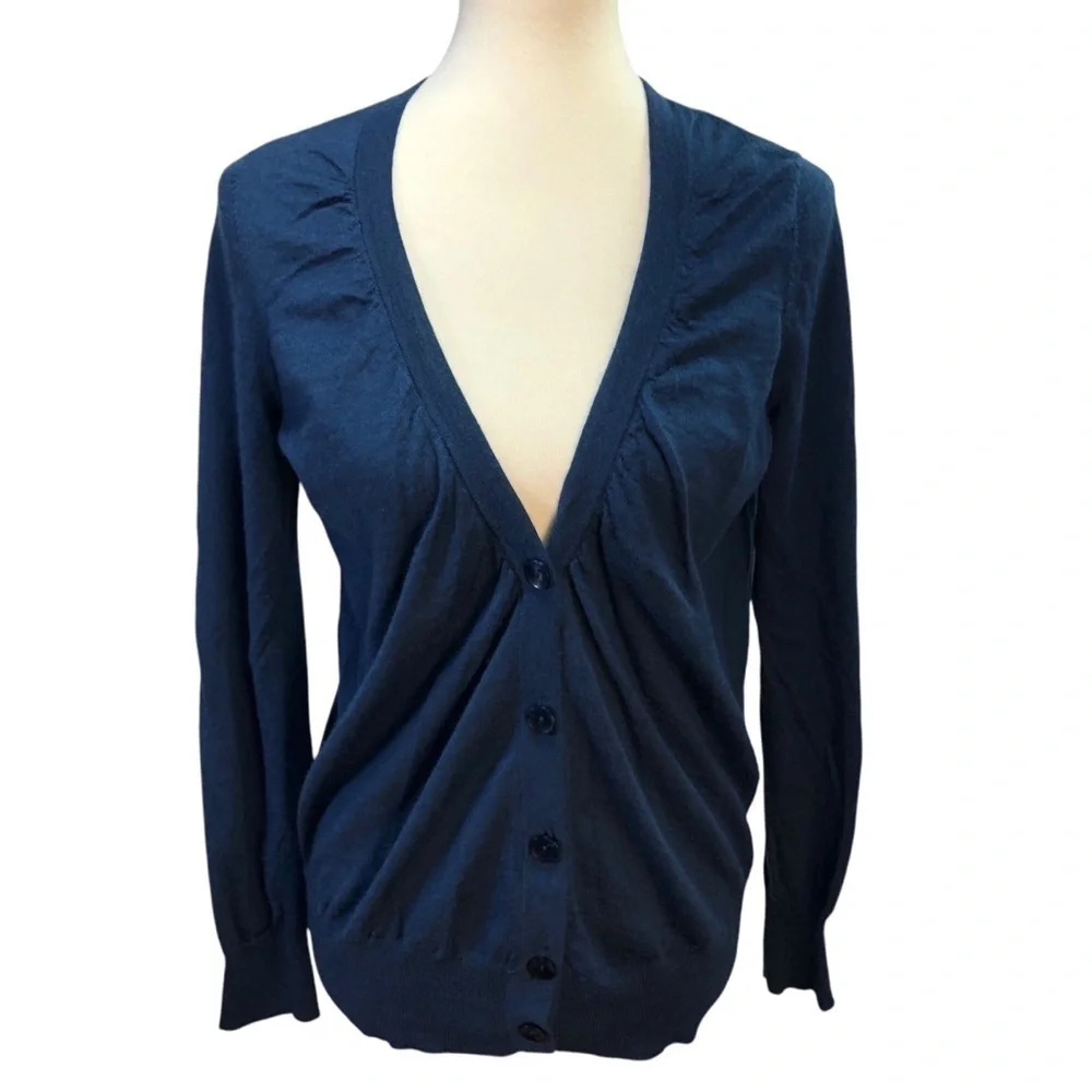 Loft Button Front Blue Cardigan Women's L Wool Blend Ruched Classic Feminine